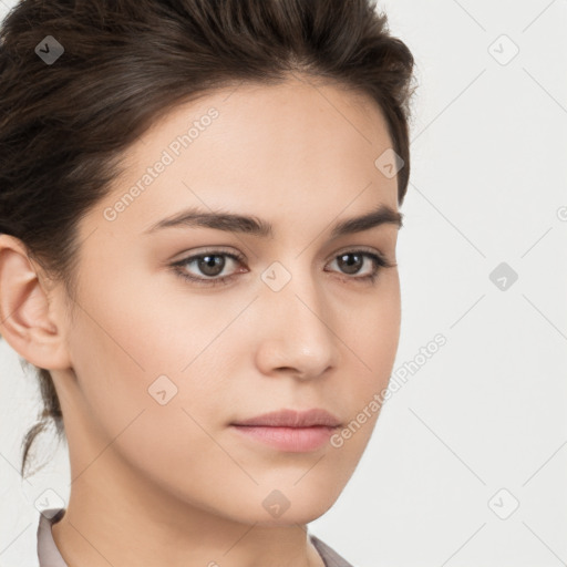 Neutral white young-adult female with short  brown hair and brown eyes