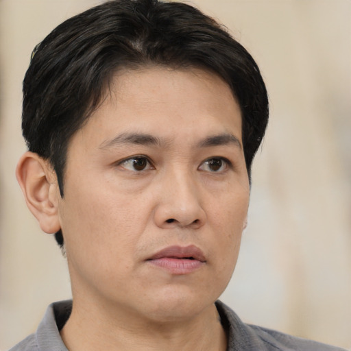 Neutral asian adult male with short  black hair and brown eyes