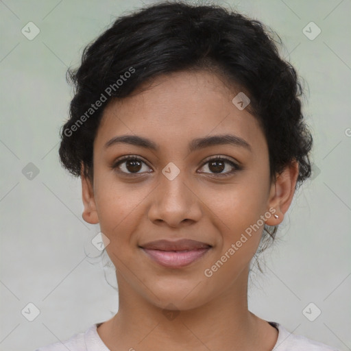 Joyful latino young-adult female with short  brown hair and brown eyes