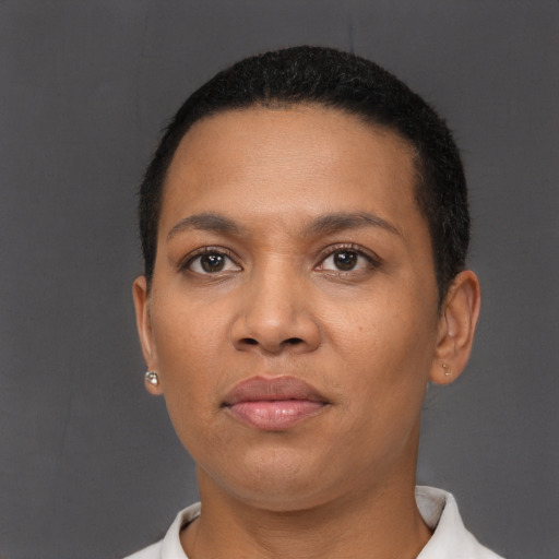 Neutral black adult female with short  black hair and brown eyes