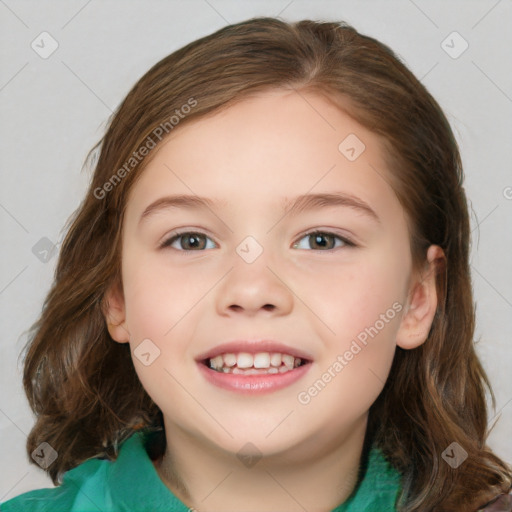 Joyful white child female with medium  brown hair and blue eyes