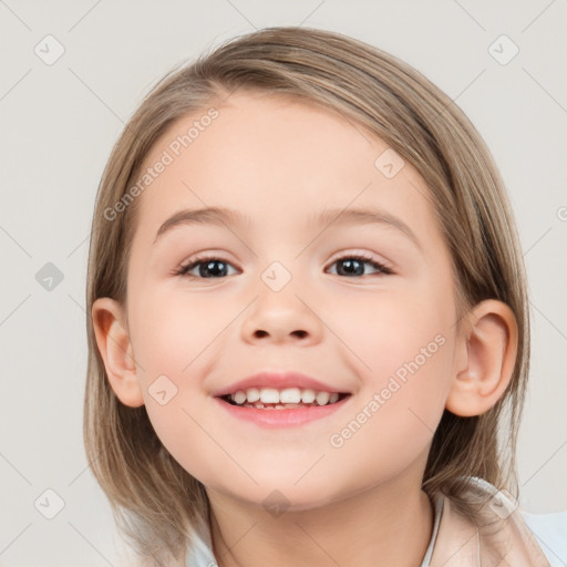 Joyful white child female with medium  brown hair and brown eyes