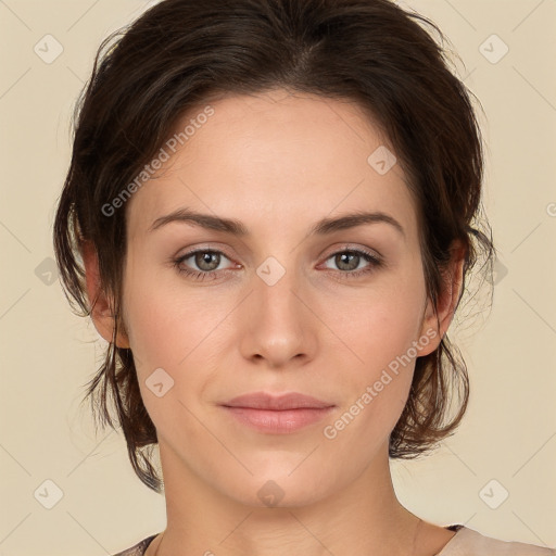 Neutral white young-adult female with medium  brown hair and brown eyes