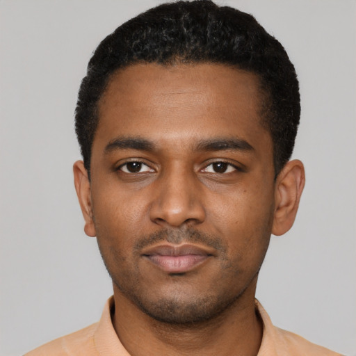 Neutral black young-adult male with short  black hair and brown eyes