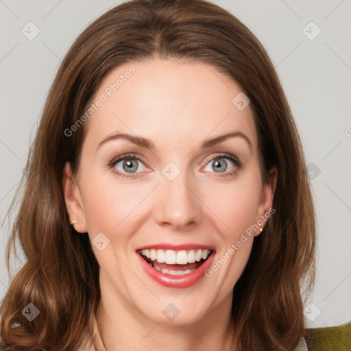 Joyful white young-adult female with medium  brown hair and blue eyes