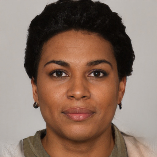 Neutral black young-adult female with short  black hair and brown eyes