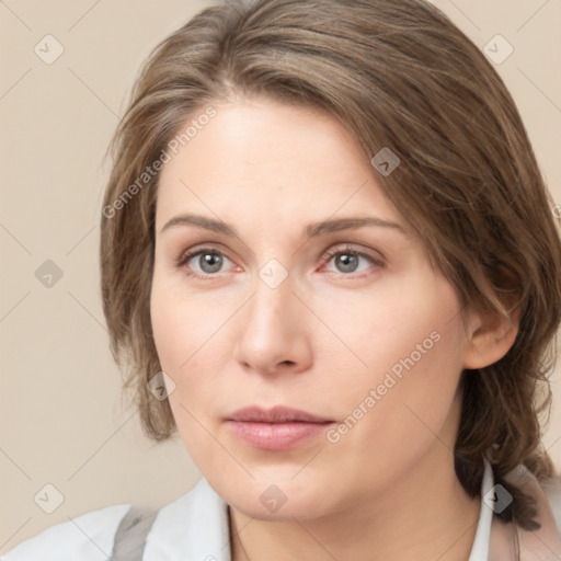 Neutral white young-adult female with medium  brown hair and grey eyes