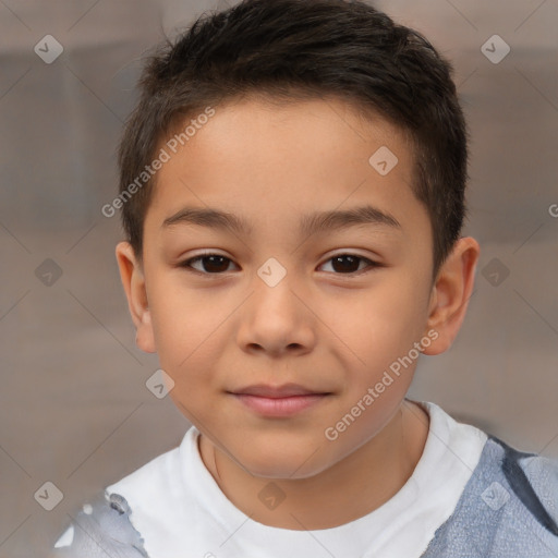 Joyful white child male with short  brown hair and brown eyes