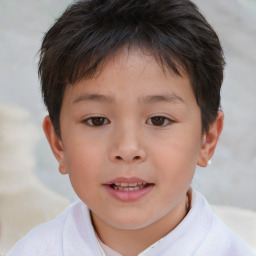 Joyful white child female with short  brown hair and brown eyes