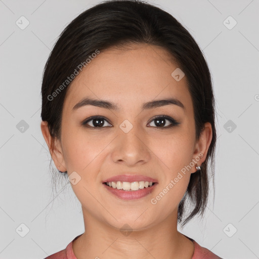 Joyful white young-adult female with medium  brown hair and brown eyes