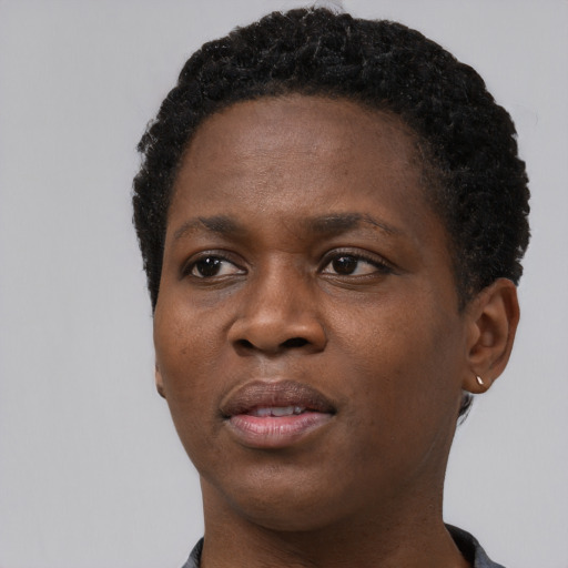 Joyful black young-adult female with short  black hair and brown eyes