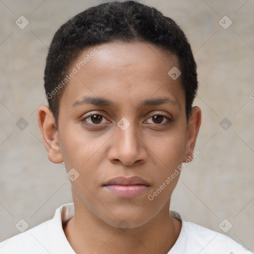 Joyful black young-adult female with short  brown hair and brown eyes