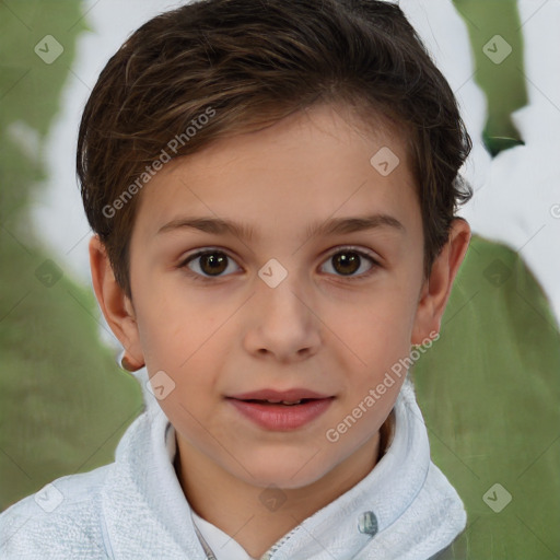 Joyful white child female with short  brown hair and brown eyes