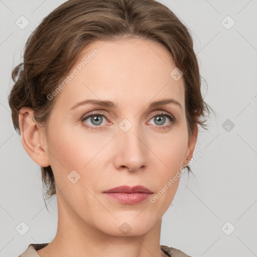 Neutral white young-adult female with medium  brown hair and grey eyes