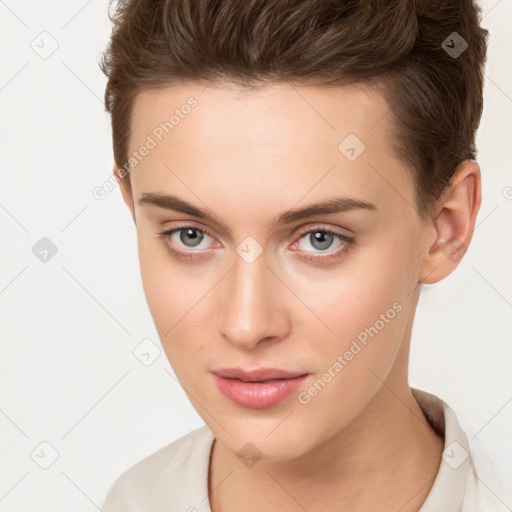 Neutral white young-adult female with short  brown hair and brown eyes