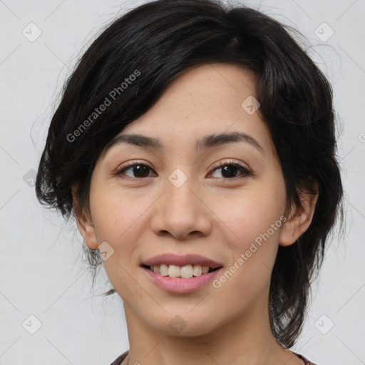 Joyful white young-adult female with medium  brown hair and brown eyes