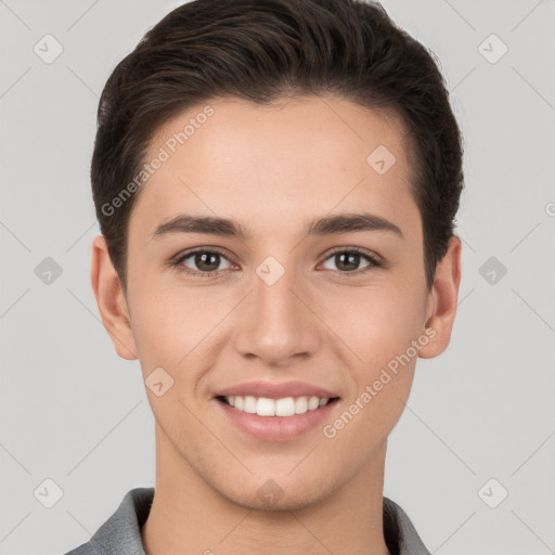 Joyful white young-adult female with short  brown hair and brown eyes