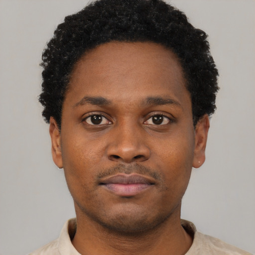 Neutral black young-adult male with short  black hair and brown eyes