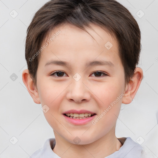 Joyful white child male with short  brown hair and brown eyes