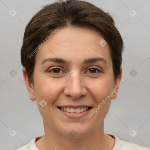 Joyful white young-adult female with short  brown hair and brown eyes