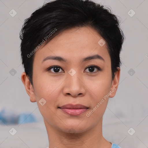 Joyful asian young-adult female with short  brown hair and brown eyes