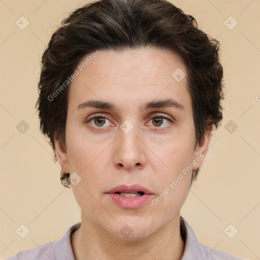 Neutral white young-adult female with short  brown hair and brown eyes