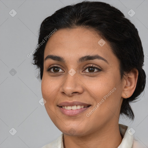 Joyful white young-adult female with medium  brown hair and brown eyes