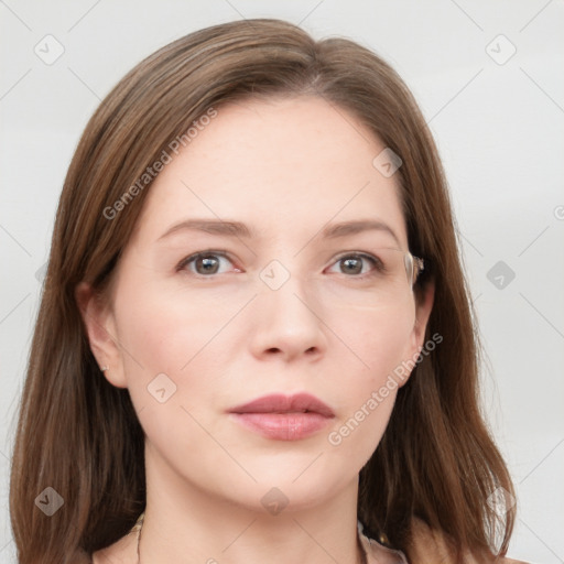 Neutral white young-adult female with medium  brown hair and grey eyes