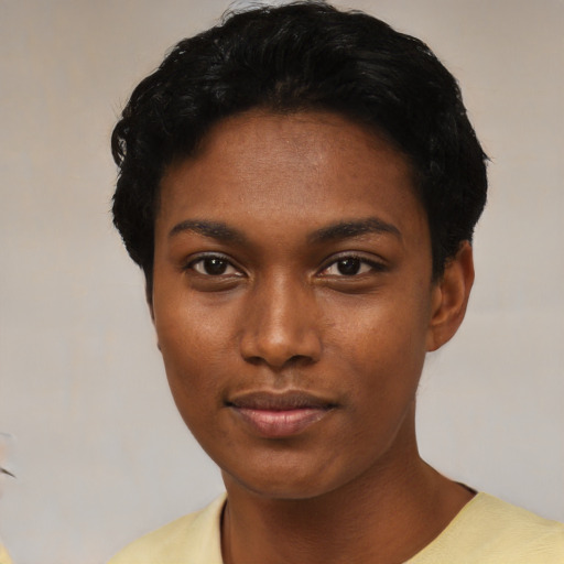 Neutral asian young-adult female with short  black hair and brown eyes