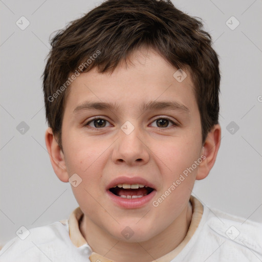 Joyful white child male with short  brown hair and brown eyes