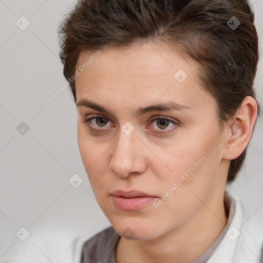 Neutral white young-adult female with short  brown hair and brown eyes