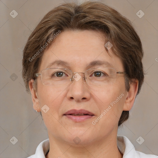 Joyful white adult female with short  brown hair and brown eyes