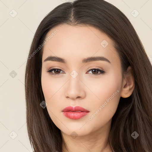 Neutral white young-adult female with long  brown hair and brown eyes