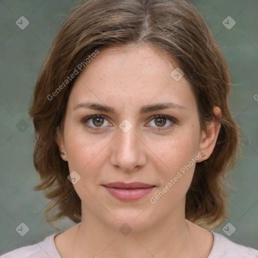 Joyful white young-adult female with medium  brown hair and green eyes