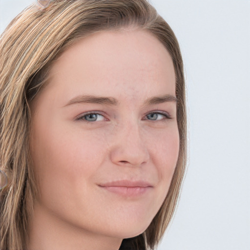 Neutral white young-adult female with long  brown hair and grey eyes