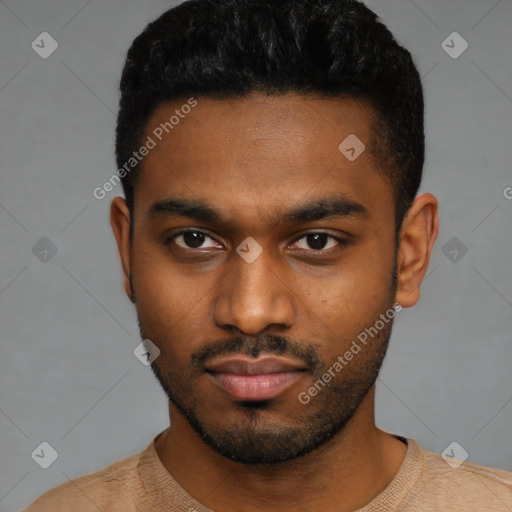 Neutral black young-adult male with short  black hair and brown eyes
