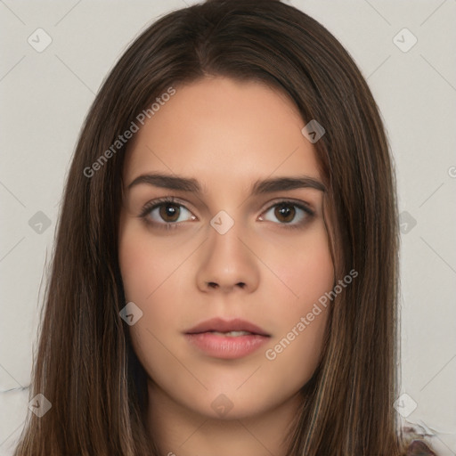 Neutral white young-adult female with long  brown hair and brown eyes