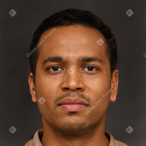 Neutral latino young-adult male with short  brown hair and brown eyes