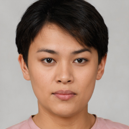 Neutral asian young-adult female with short  brown hair and brown eyes