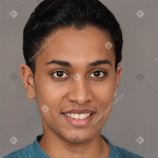 Joyful latino young-adult male with short  black hair and brown eyes