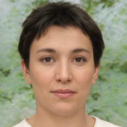 Neutral white young-adult female with short  brown hair and brown eyes