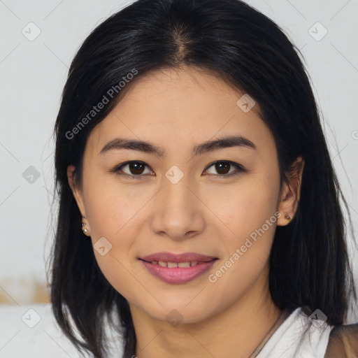 Joyful asian young-adult female with medium  brown hair and brown eyes