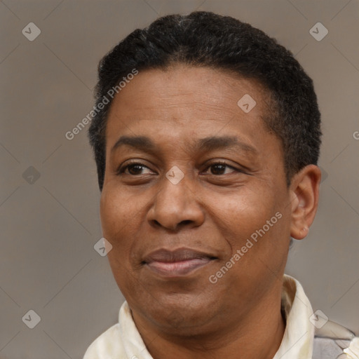 Joyful latino adult male with short  brown hair and brown eyes