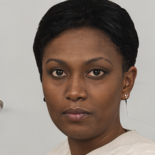 Neutral black young-adult female with short  black hair and brown eyes