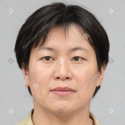 Joyful white adult female with short  brown hair and brown eyes