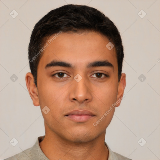 Neutral latino young-adult male with short  brown hair and brown eyes