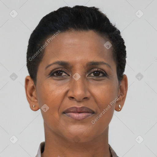 Joyful black adult female with short  black hair and brown eyes