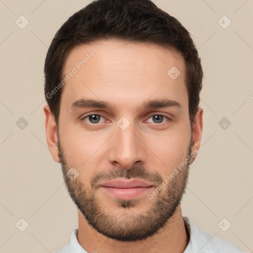 Neutral white young-adult male with short  brown hair and brown eyes