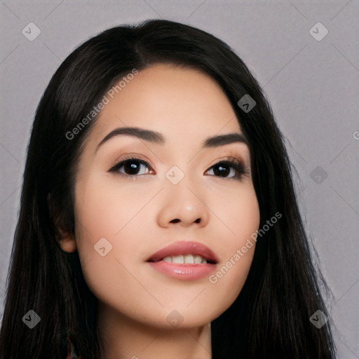 Neutral asian young-adult female with long  black hair and brown eyes