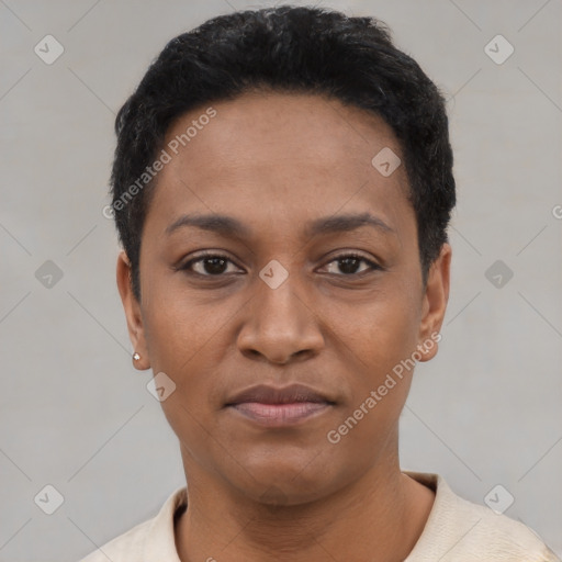 Joyful latino young-adult female with short  black hair and brown eyes